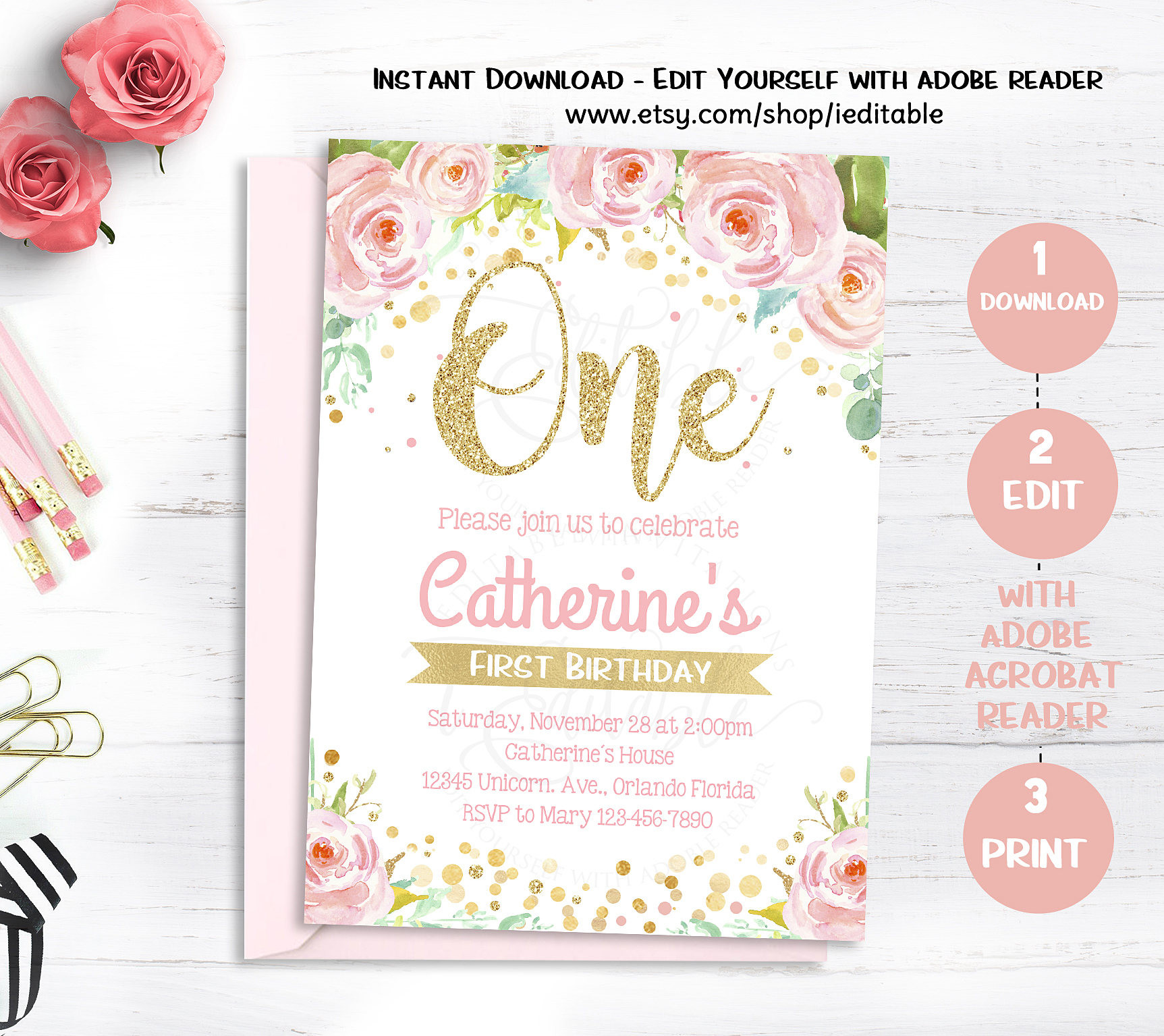 1st Birthday Girl Invitations
 Floral First Birthday Invitations 1st Birthday Girl Invite