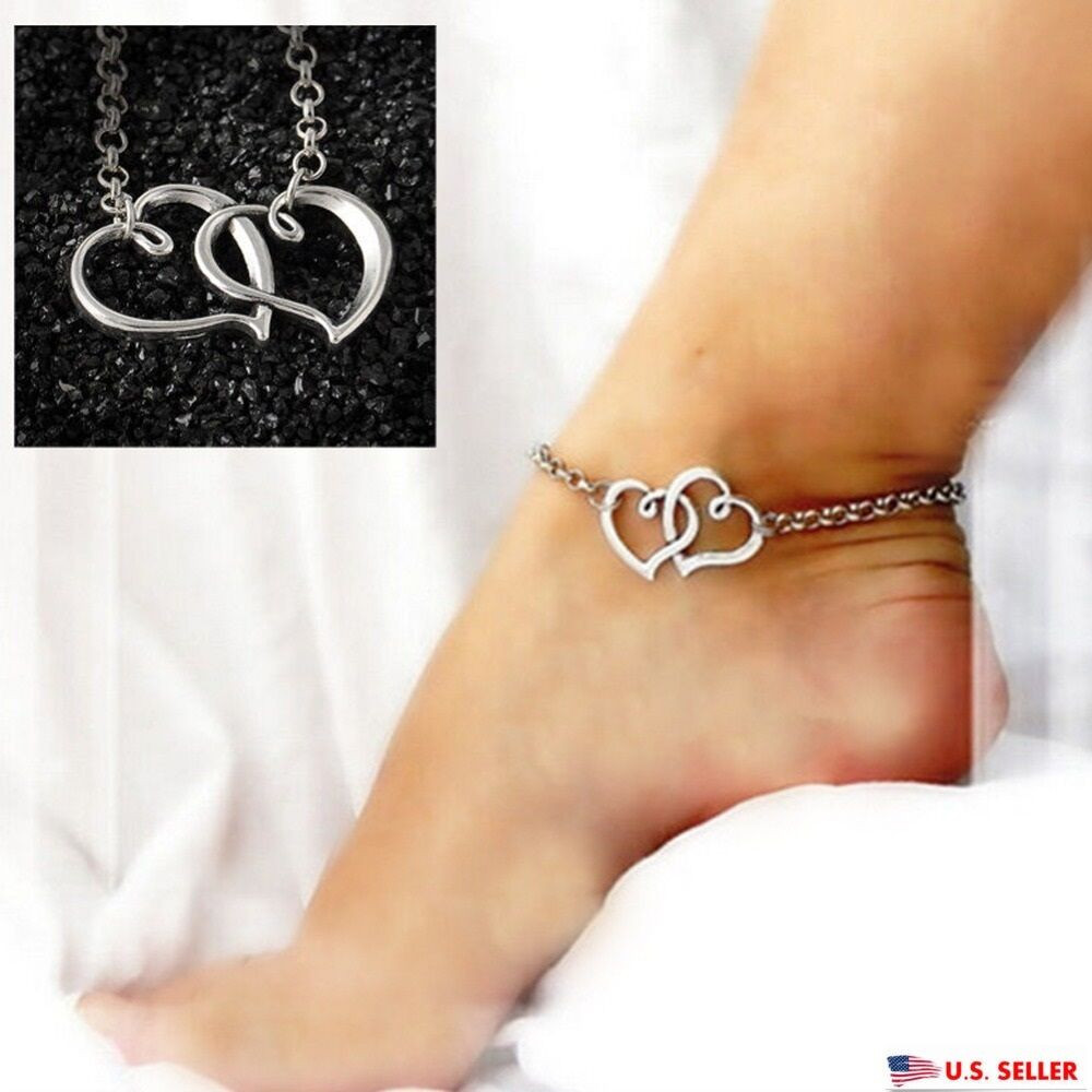 Ankle Bracelets For Women
 USA Double Heart Shape Women Silver Anklet Chain Ankle