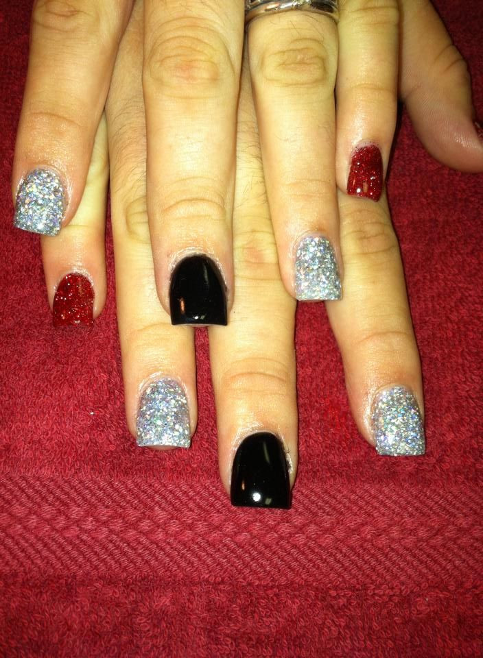 Black And Red Glitter Nails
 Red Black and Silver nails redglitter silverglitter