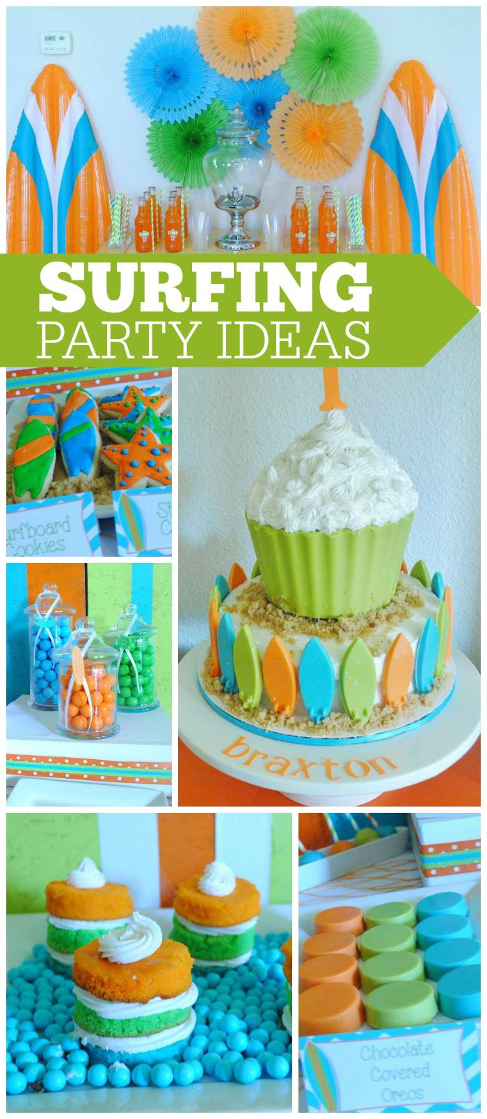 Boy Beach Birthday Party Ideas
 Love this beach themed surf party in green orange and
