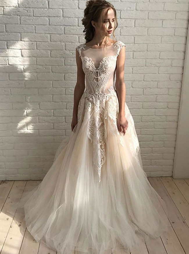 Champagne Wedding Gowns
 Champagne Wedding Dresses Tulle Bridal Dress with Lace