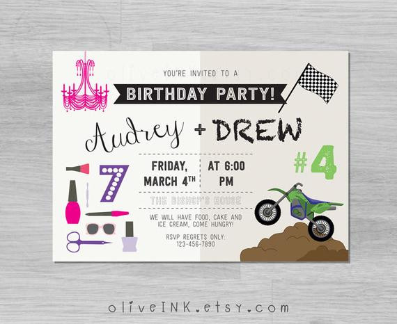Coed Birthday Party Ideas
 Divas and dirt bikes coed birthday party invitation digital