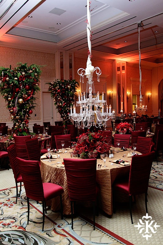 Company Holiday Party Ideas On A Budget
 Chandeliers and upside down Christmas trees