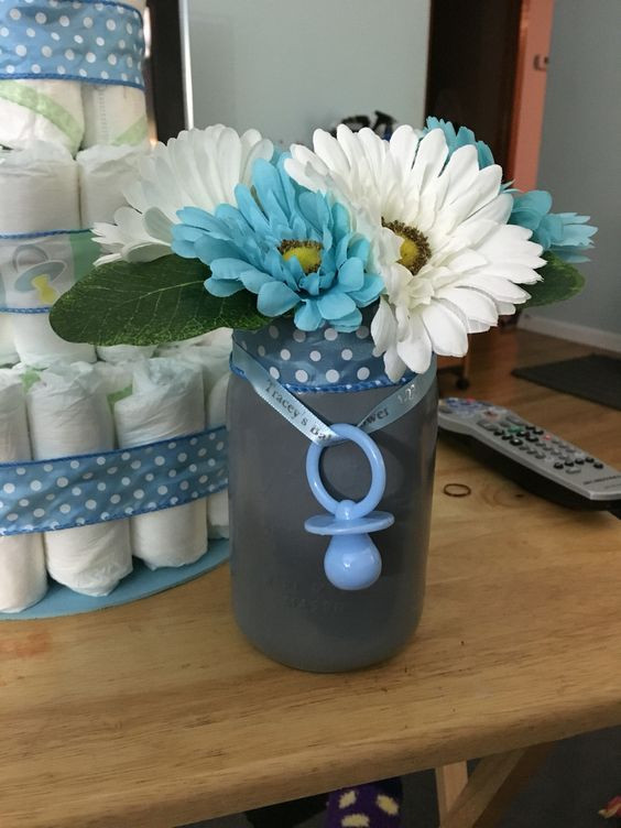 DIY Baby Shower Centerpieces Boy
 Finished mason jar centerpiece for boy baby shower