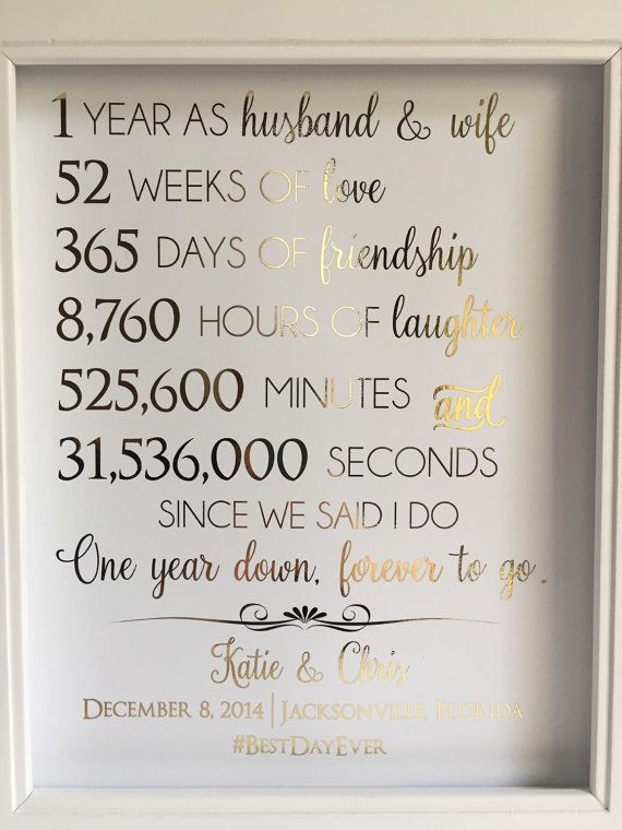 First Wedding Anniversary Gift Ideas From Parents
 Gold Foil Print First 1st Anniversary Gift For by