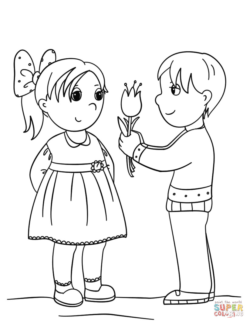 Girls And Boys Coloring Pages
 Boy Gives Flower to Girl coloring page
