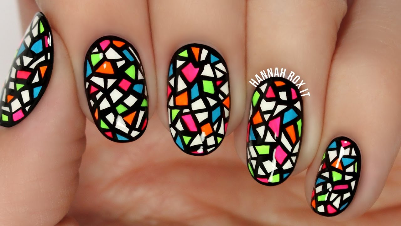Glass Nail Art
 Neon Stained Glass Nail Art freehand
