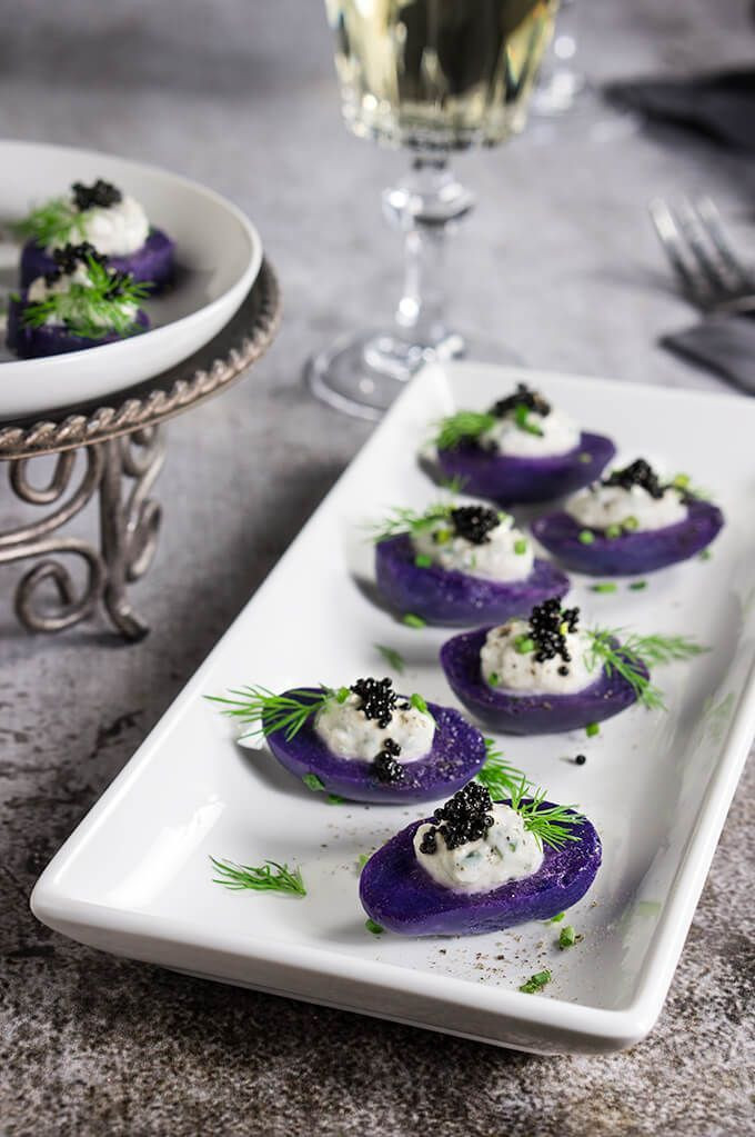 Gourmet Cold Appetizers
 Purple potato bites with horseradish creme fraiche and