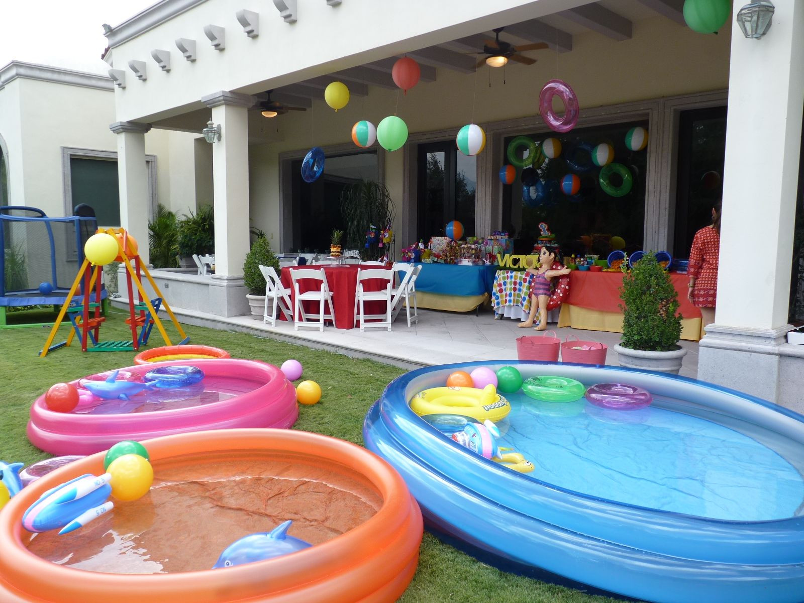 Ideas For Backyard Girls Birthday Pool Party
 Layout backyard 1 kid pool 2 medium pools 1 large pool