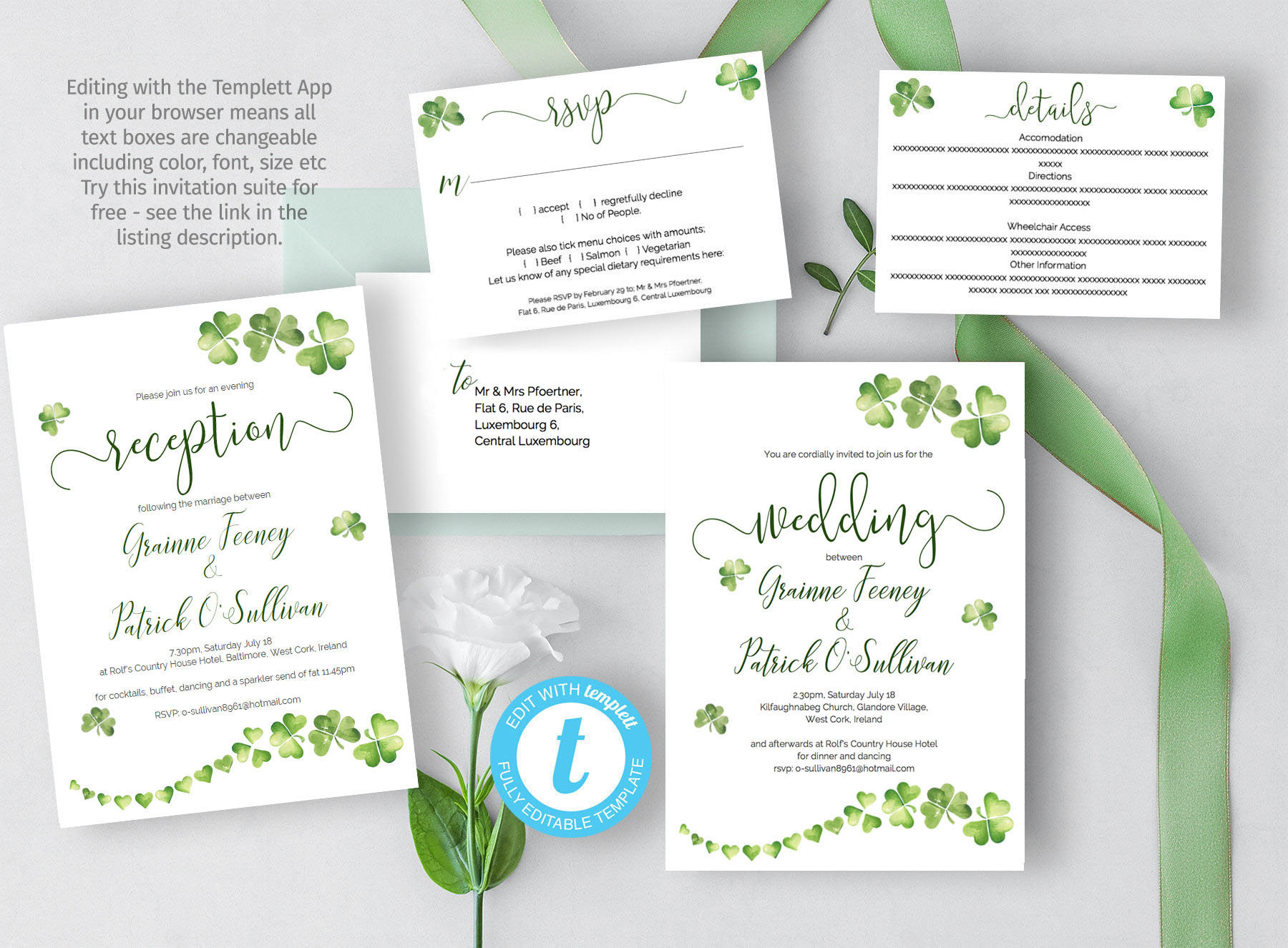 Irish Wedding Invitations
 Irish wedding invitation suite with Celtic shamrocks DIY
