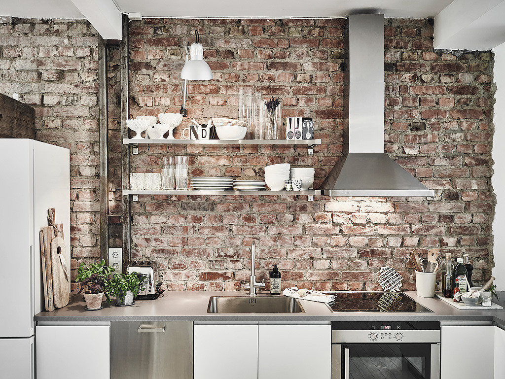 Kitchen Brick Wall
 Scandinavian Interior Apartment With Mix Gray Tones