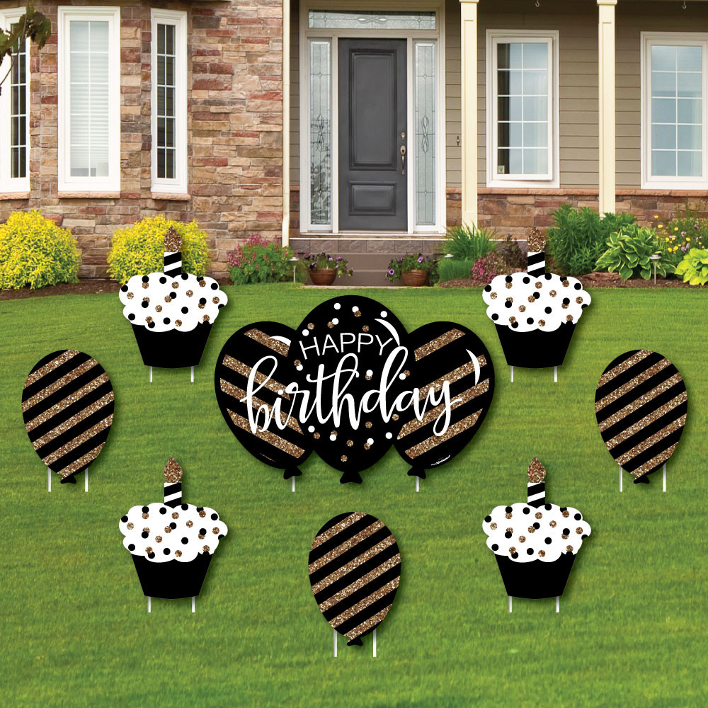 Lawn Decorations For Birthday
 Adult Happy Birthday Gold Cupcake & Balloon Yard Sign