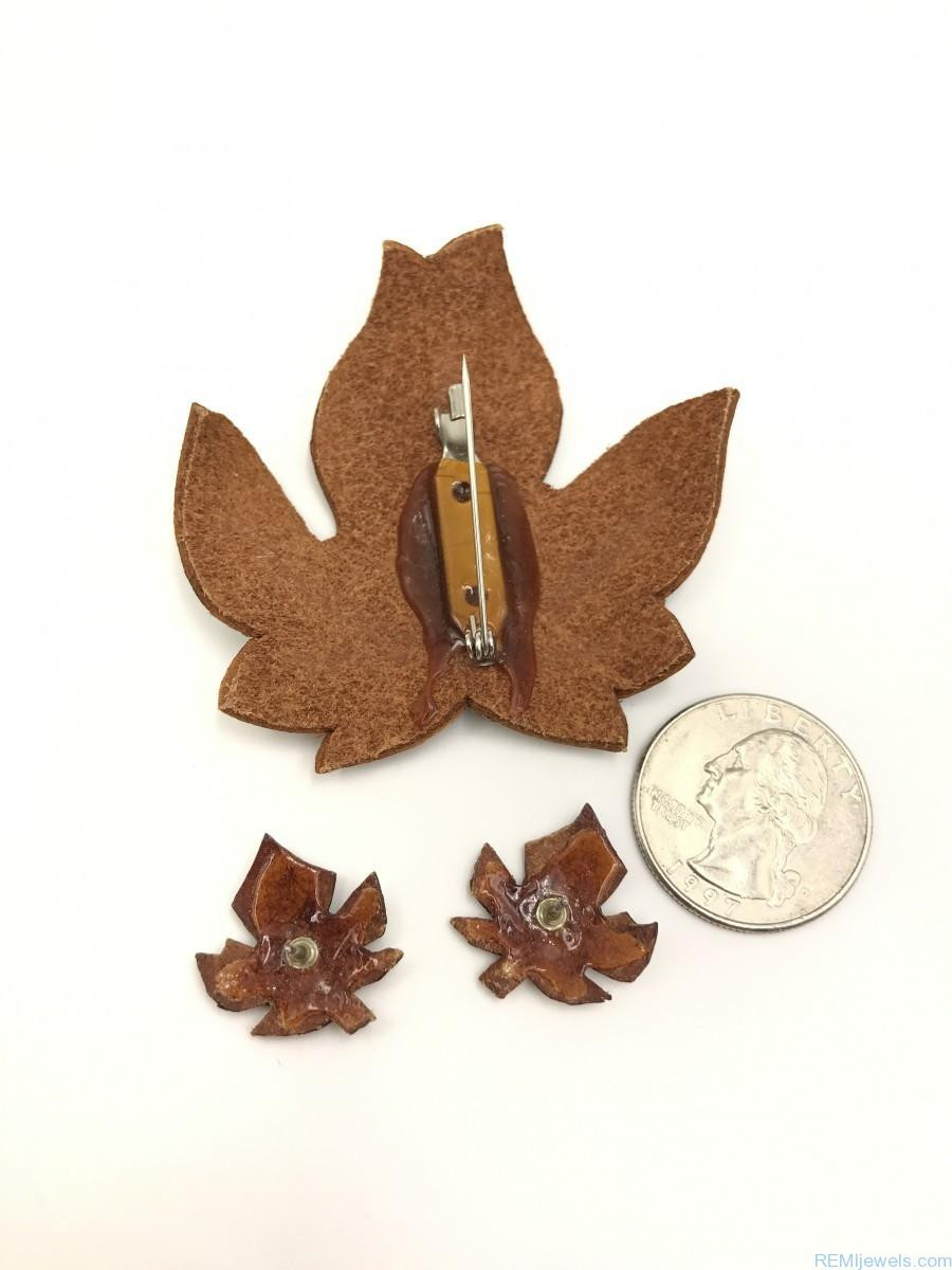 Leather Brooches
 Vintage Leather Autumn Maple Leaf Pin Brooch Earrings Fall Set