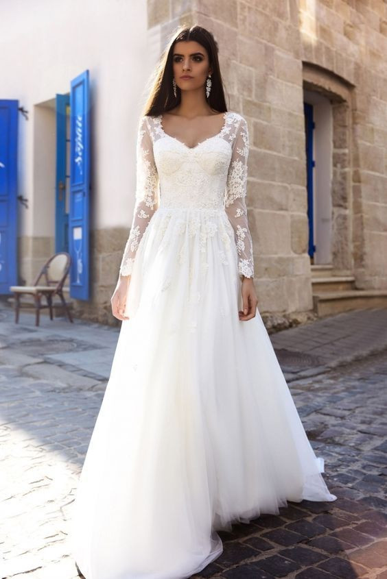Long Sleeve Wedding Gowns
 Stunning Floral Applique Sheer Long Sleeve Wedding Dress