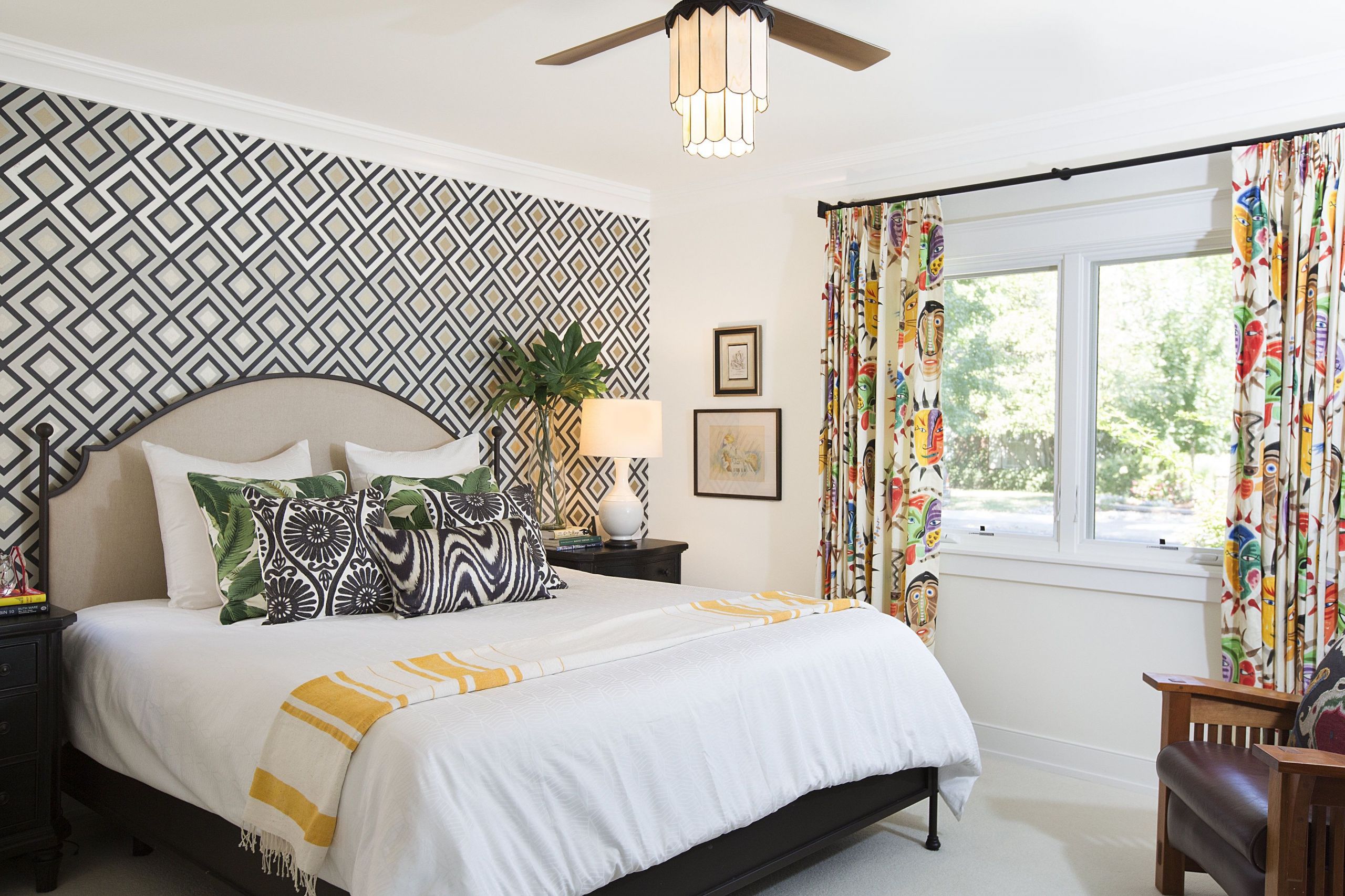 Master Bedroom Wallpaper Accent Wall
 Accent wall with geometric wallpaper and colorful drapery