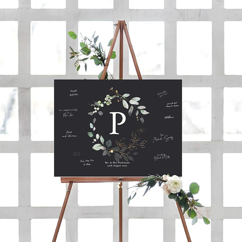 Monogram Wedding Guest Book
 Wedding Guest Book with Monogram and Greenery Canvas