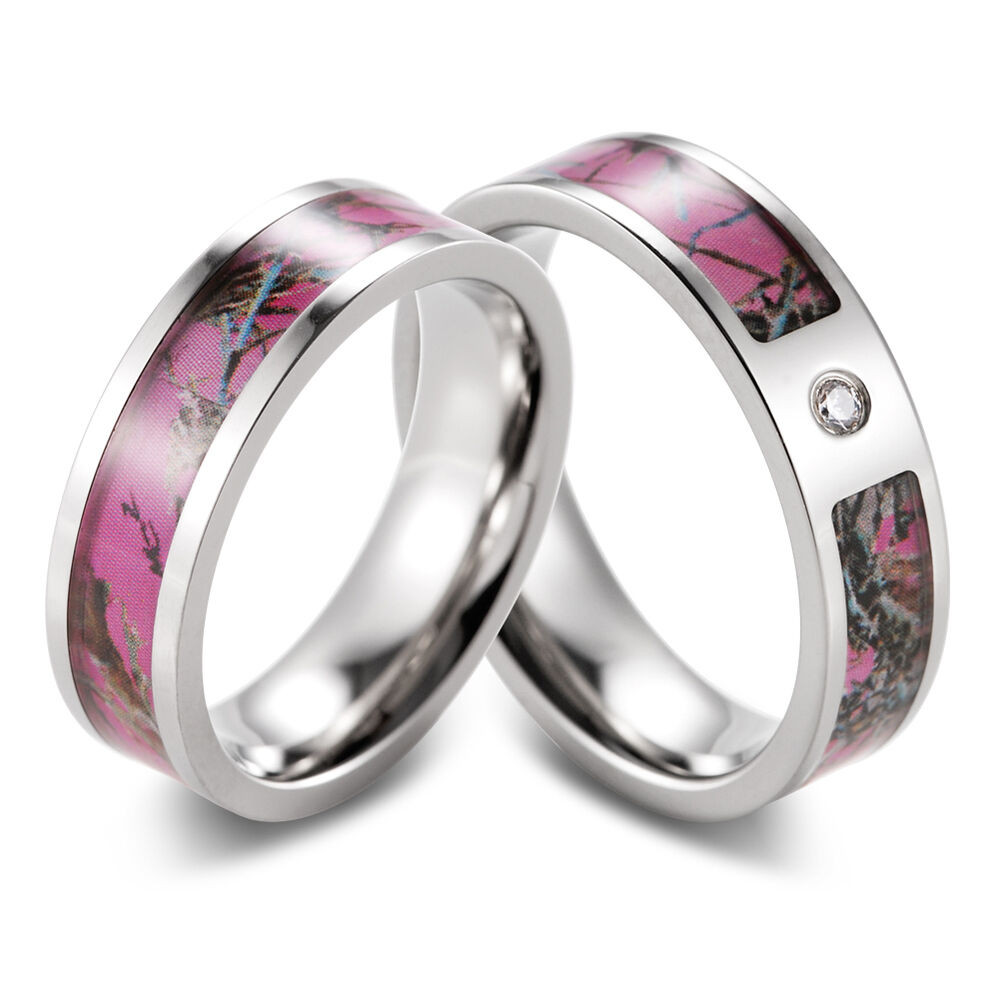 Pink Camo Wedding Rings For Her
 Pink Muddy Girl camo ring set engagement wedding band with