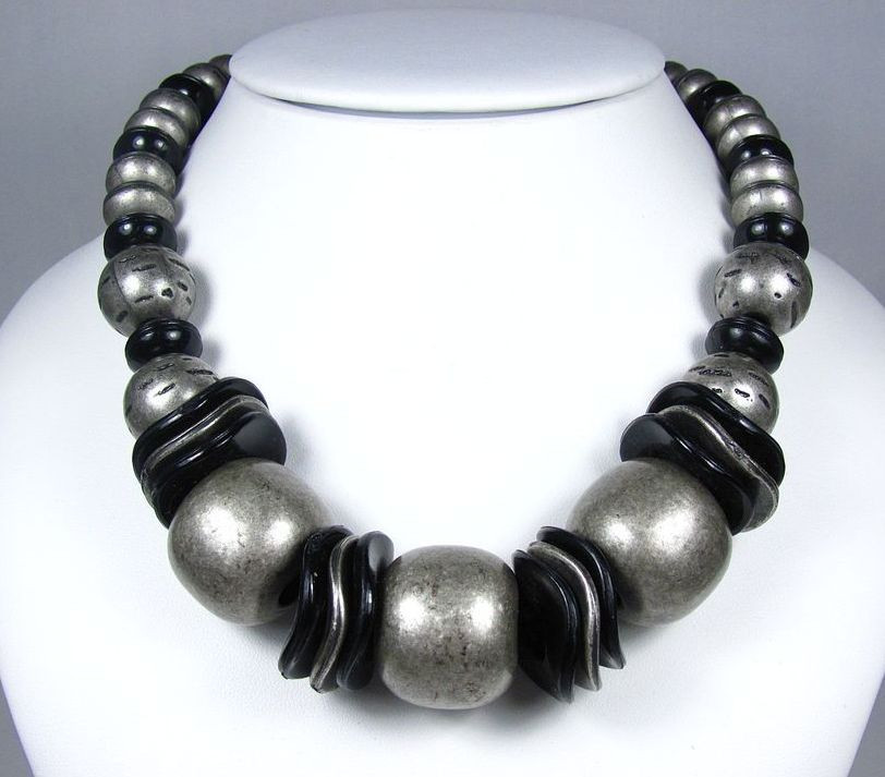 Plastic Bead Necklaces
 Vintage Bold Black and Grey Plastic Bead Necklace from