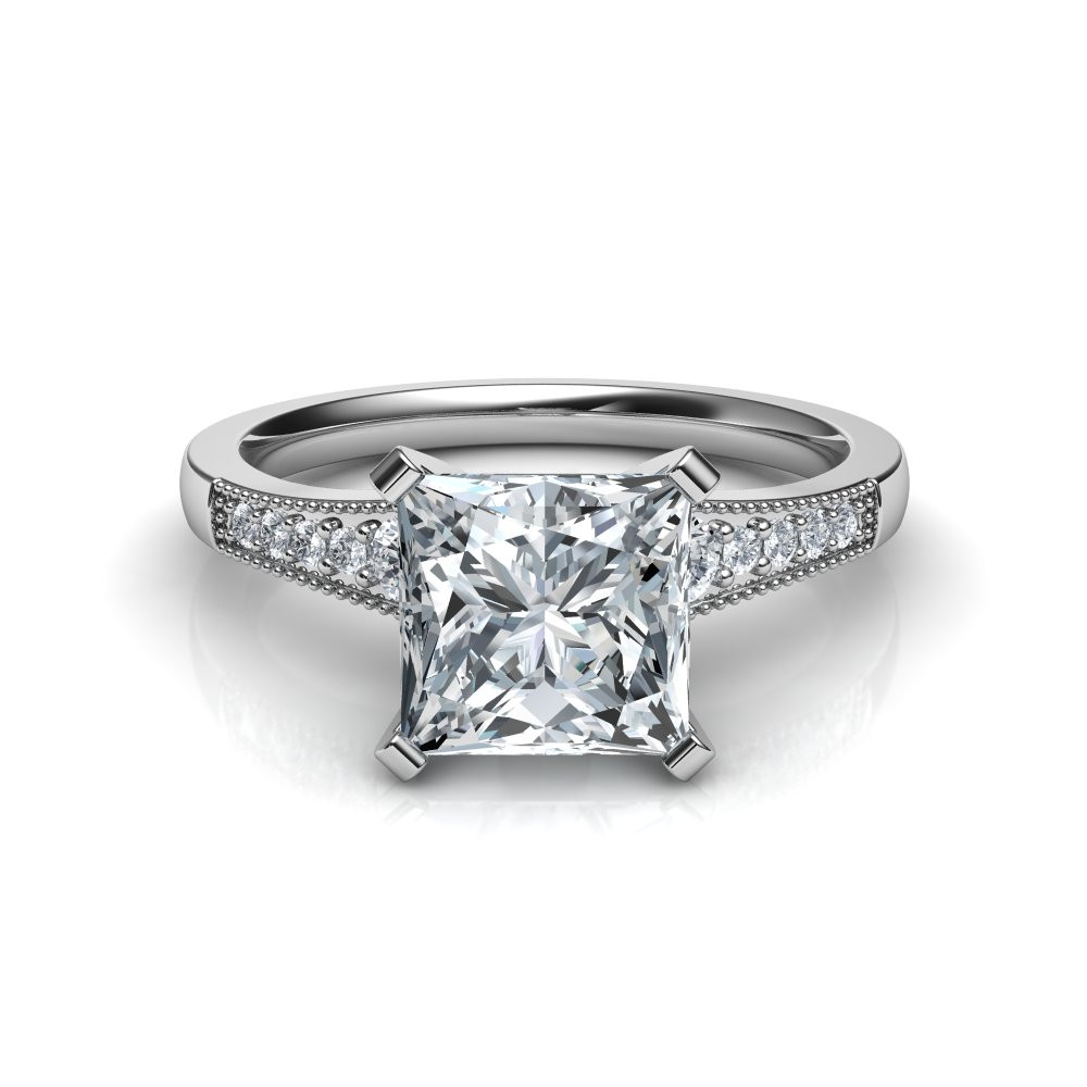 Princess Cut Diamond Engagement Ring
 Graduated Milgrain Princess Cut Diamond Engagement Ring