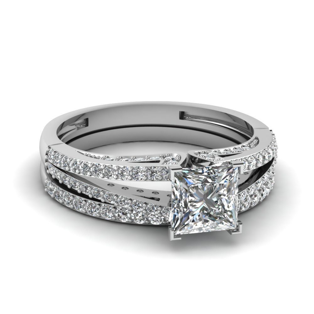 Princess Cut Wedding Rings Sets
 Split Princess Cut Diamond Wedding Ring Set In 14K White