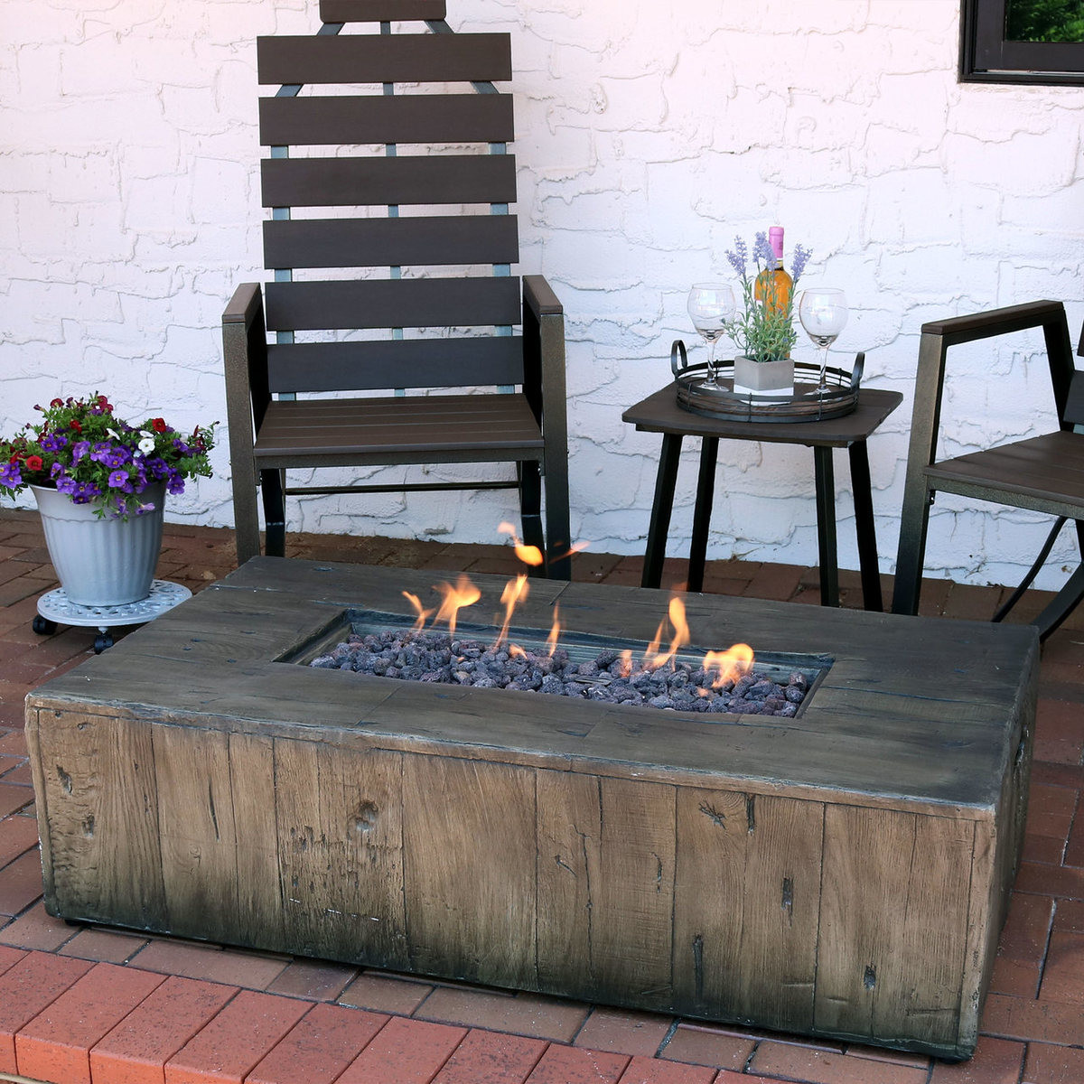 Propane Fire Pit Coffee Table
 Sunnydaze 48 Inch Rustic Faux Wood Outdoor Propane Gas
