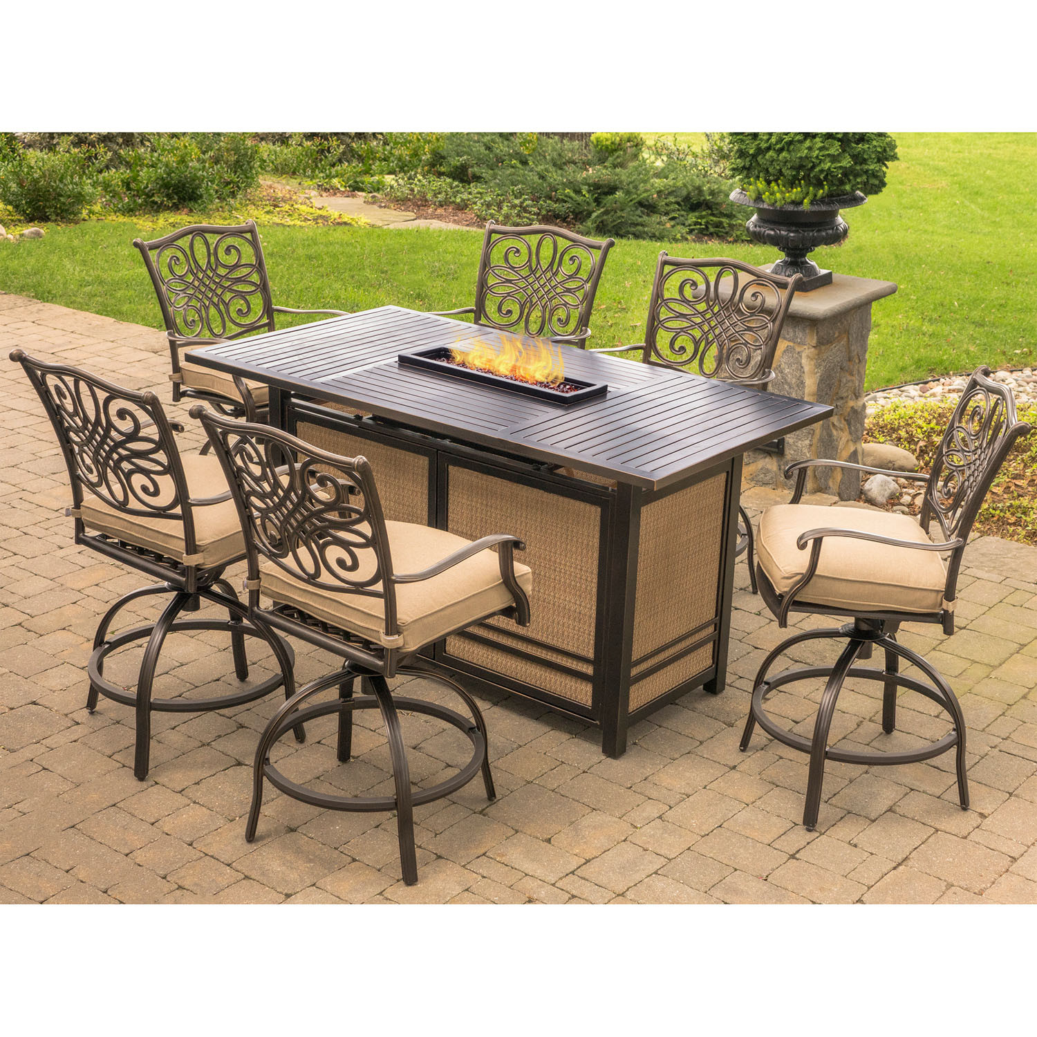 Propane Fire Pit Table Set
 Hanover Traditions 7 Piece High Dining Set in Tan with