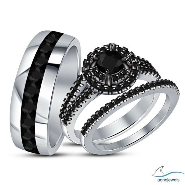 Real Black Diamond Engagement Rings
 AAA Real Black Diamond His Her Trio Ring Set Engagement