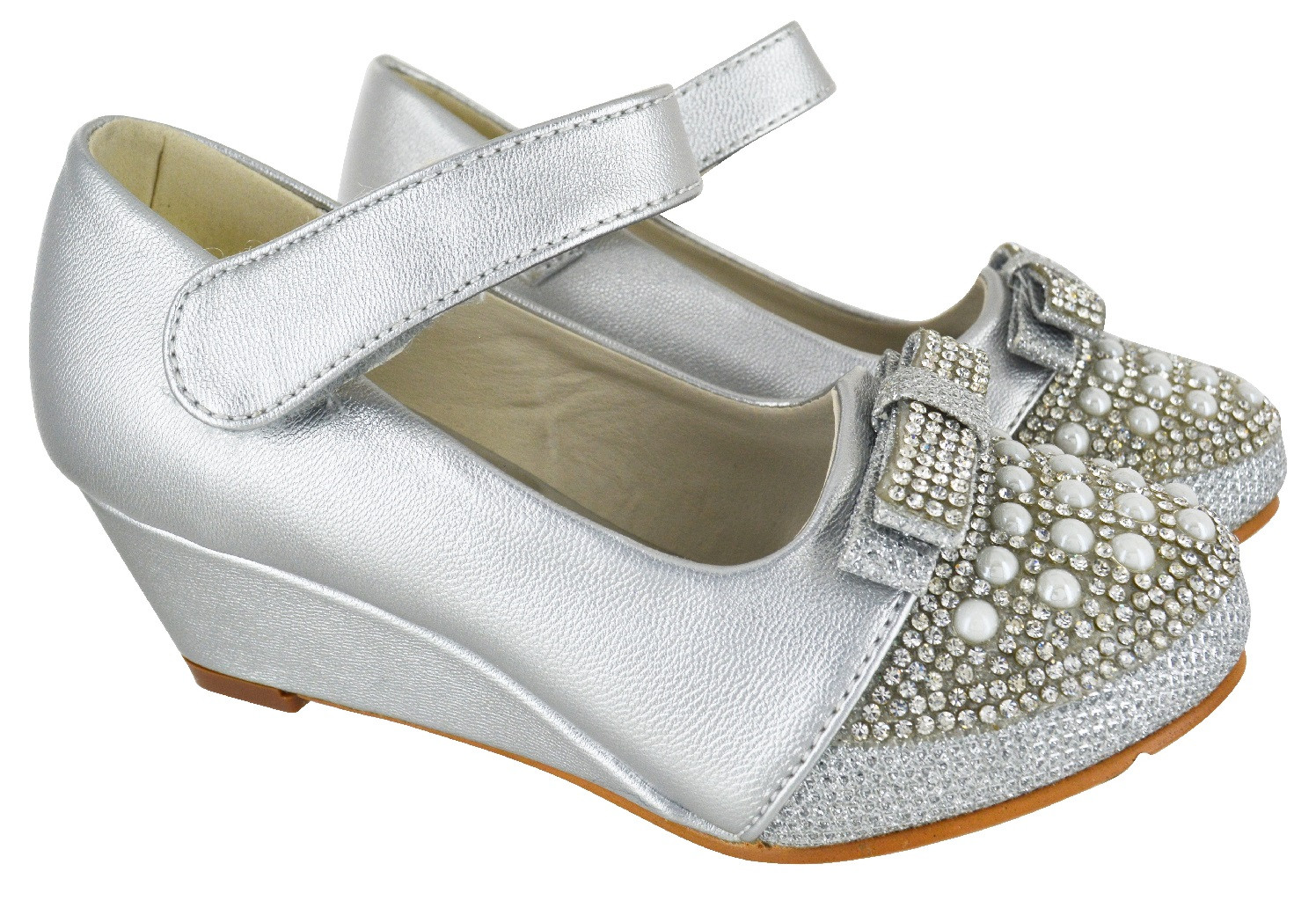 Silver Wedge Shoes For Wedding
 KIDS GIRLS SILVER MID HEEL WEDGE PARTY CHILDREN BRIDEMAID