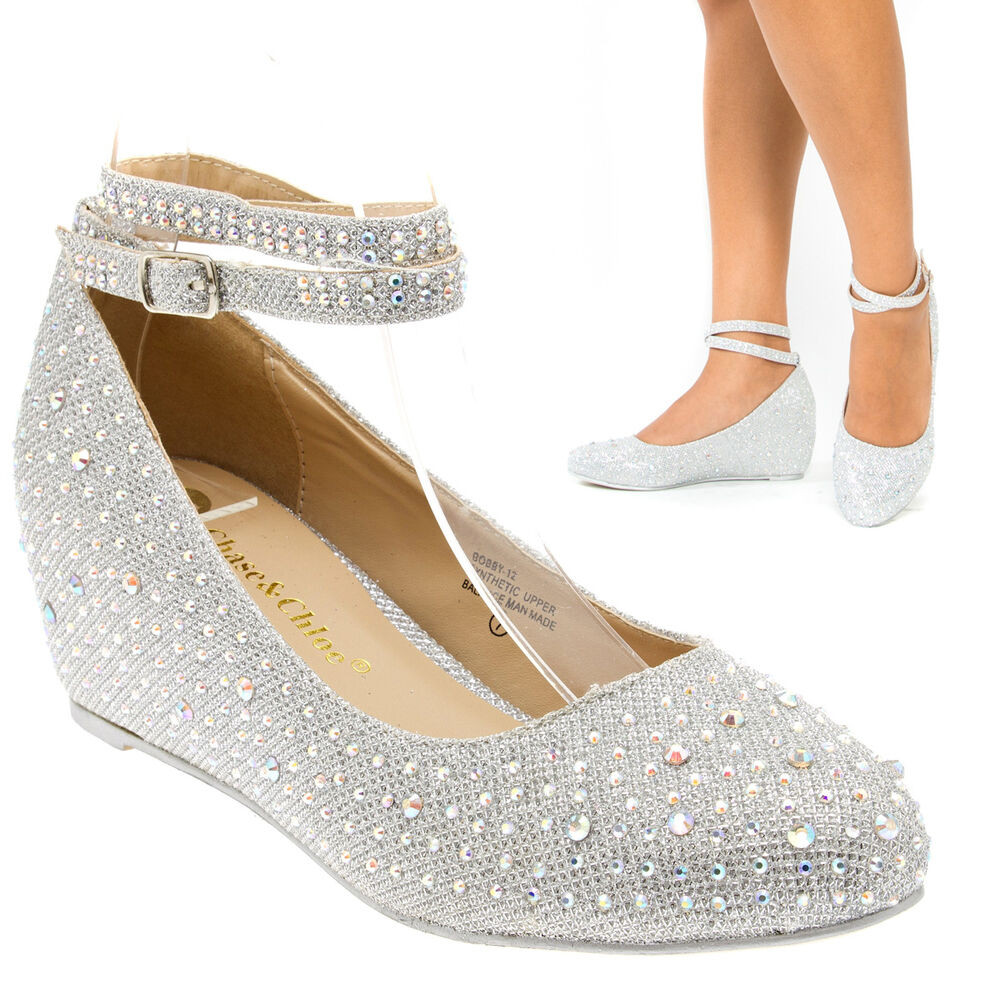 Silver Wedge Shoes For Wedding
 Silver Crystal Ankle Strap Mary Jane Low Wedge Heel Pump