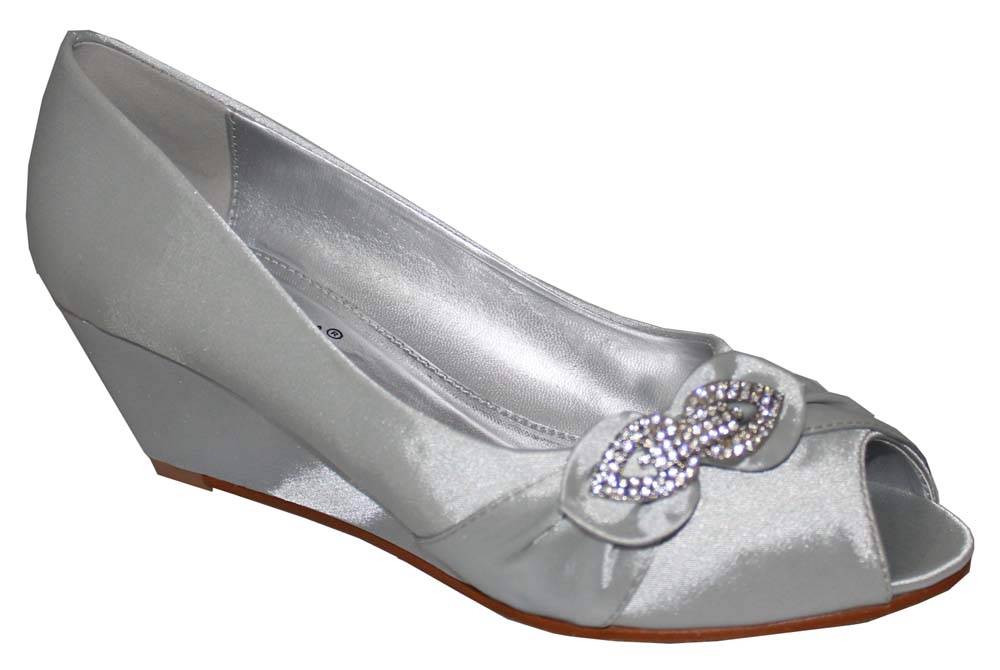 Silver Wedge Shoes For Wedding
 WOMEN S LADIES SILVER SATIN DIAMANTÉ WEDGE EVENING WEDDING