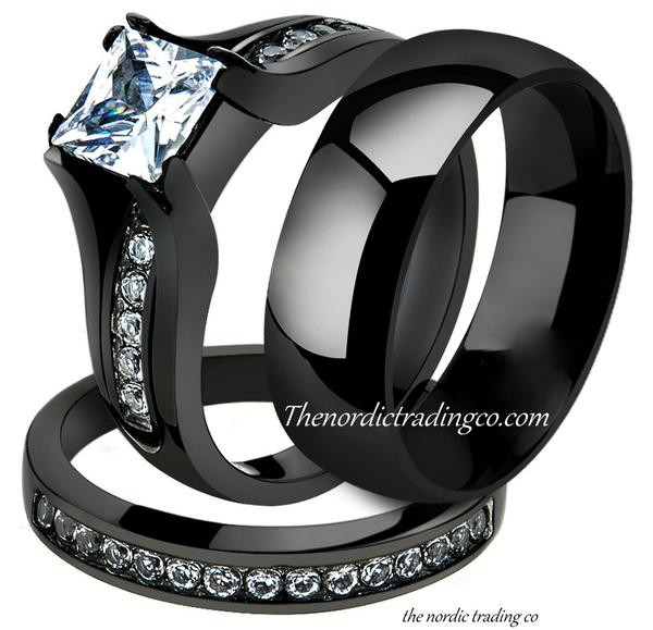 Wedding Rings Black
 Engagement & CZ Wedding Ring Couples Set Black & Silver