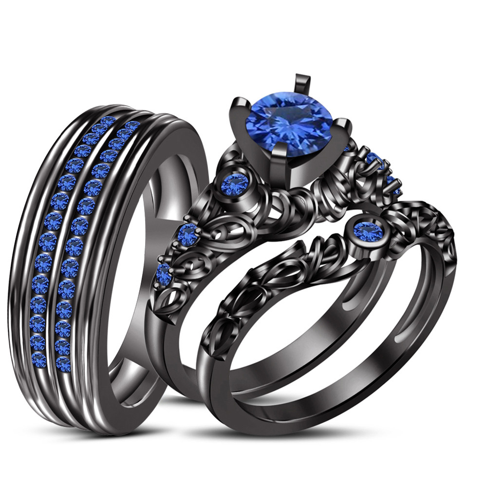 Wedding Rings Black
 Blue Sapphire Black GP 925 Silver His & Her Wedding Ring