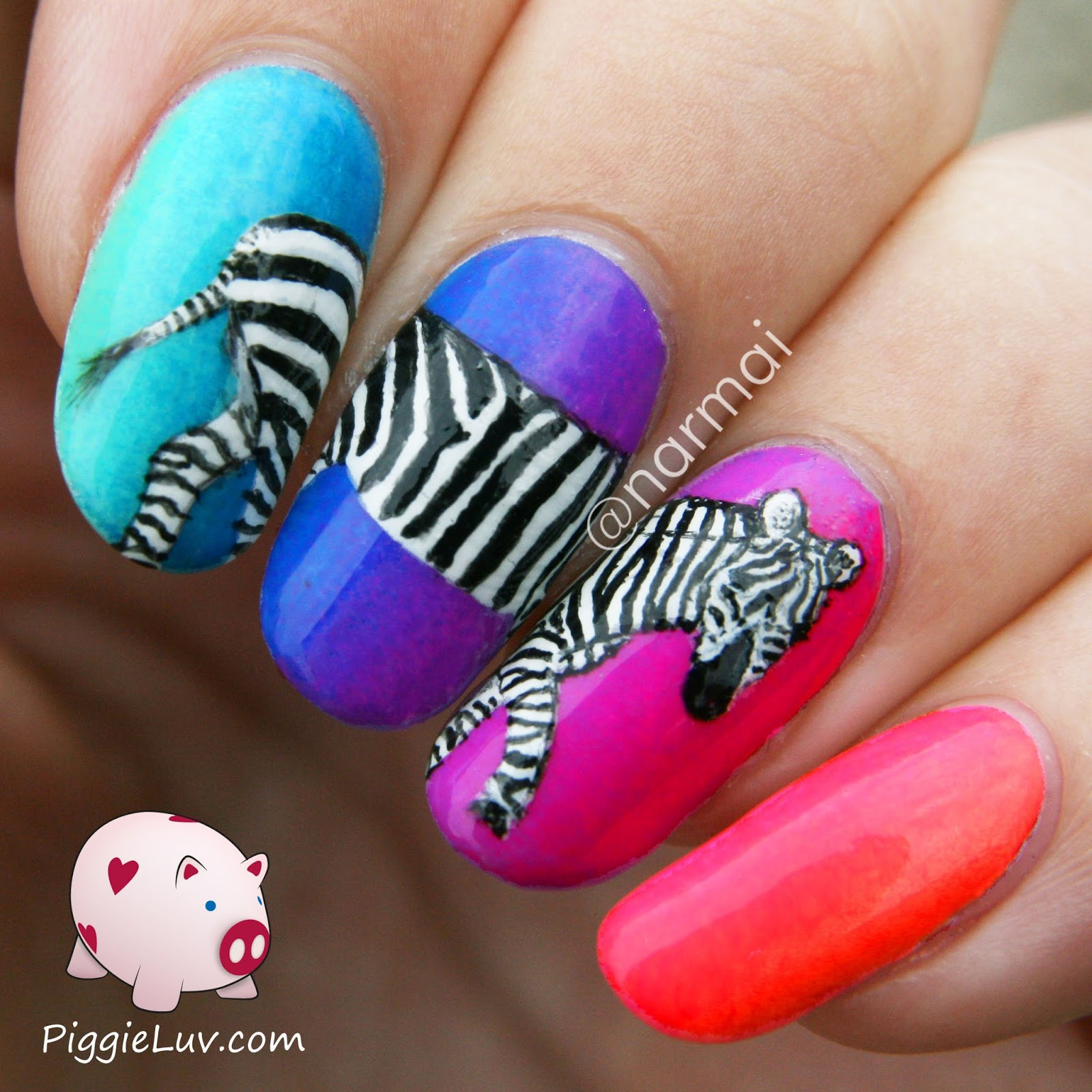 Zebra Nail Art
 PiggieLuv Zebra nail art on neon gra nt