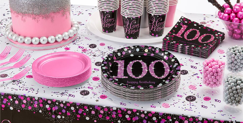 100th Birthday Decorations
 Pink Sparkling Celebration 100th Birthday Party Supplies