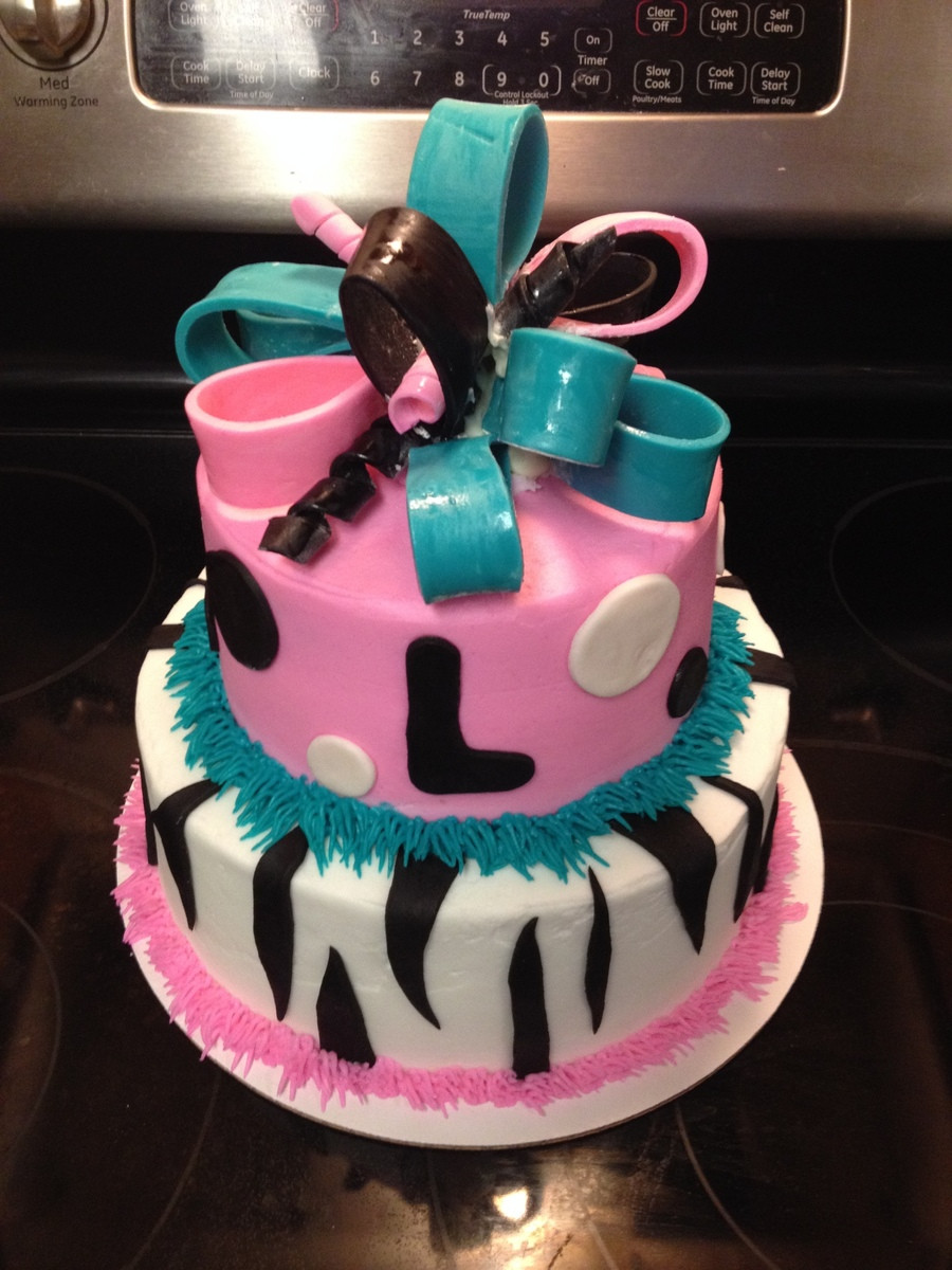 13 Birthday Cake
 13Th Birthday Cake With Zebra Print Polka Dots And Bow In