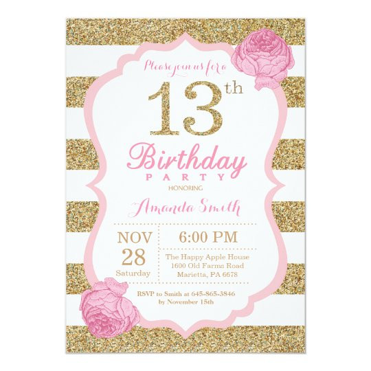 13th Birthday Invitations
 Pink and Gold 13th Birthday Invitation Floral