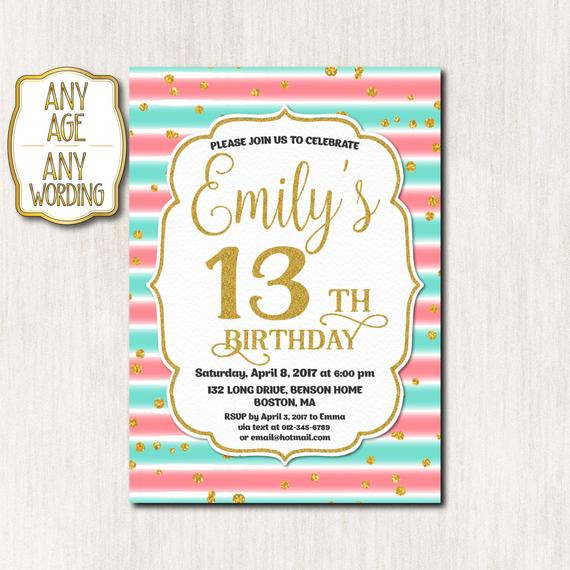 13th Birthday Invitations
 13th birthday invitation Thirteenth birthday Gold glitter