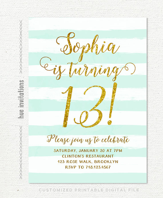 13th Birthday Invitations
 13th birthday invitations girl mint stripes gold glitter