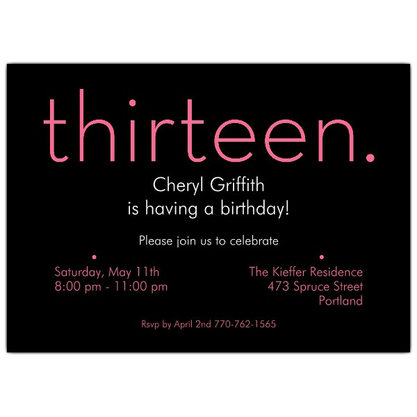 13th Birthday Invitations
 thirteen Pink on Black 13th Birthday Invitations