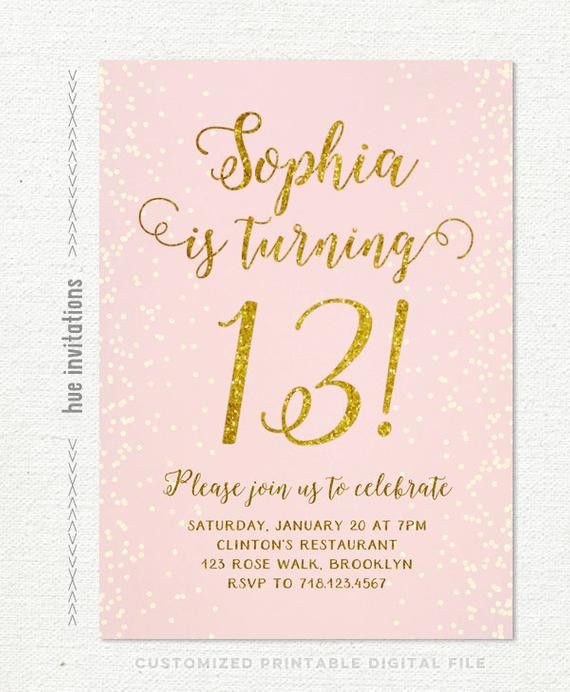 13th Birthday Invitations
 13th birthday invitation for girl pink gold teen birthday