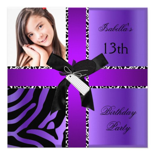 13th Birthday Invitations
 13th Birthday Zebra Cow Purple Black White 5 25" Square