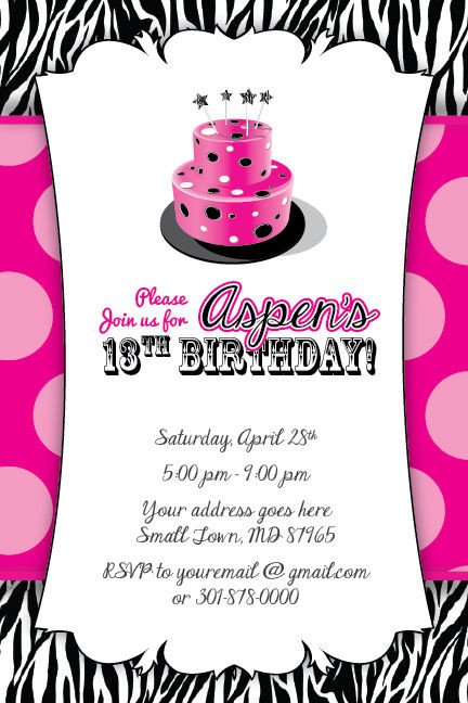 13th Birthday Invitations
 Zebra Print Cake Invitation 13th Birthday Party Baby