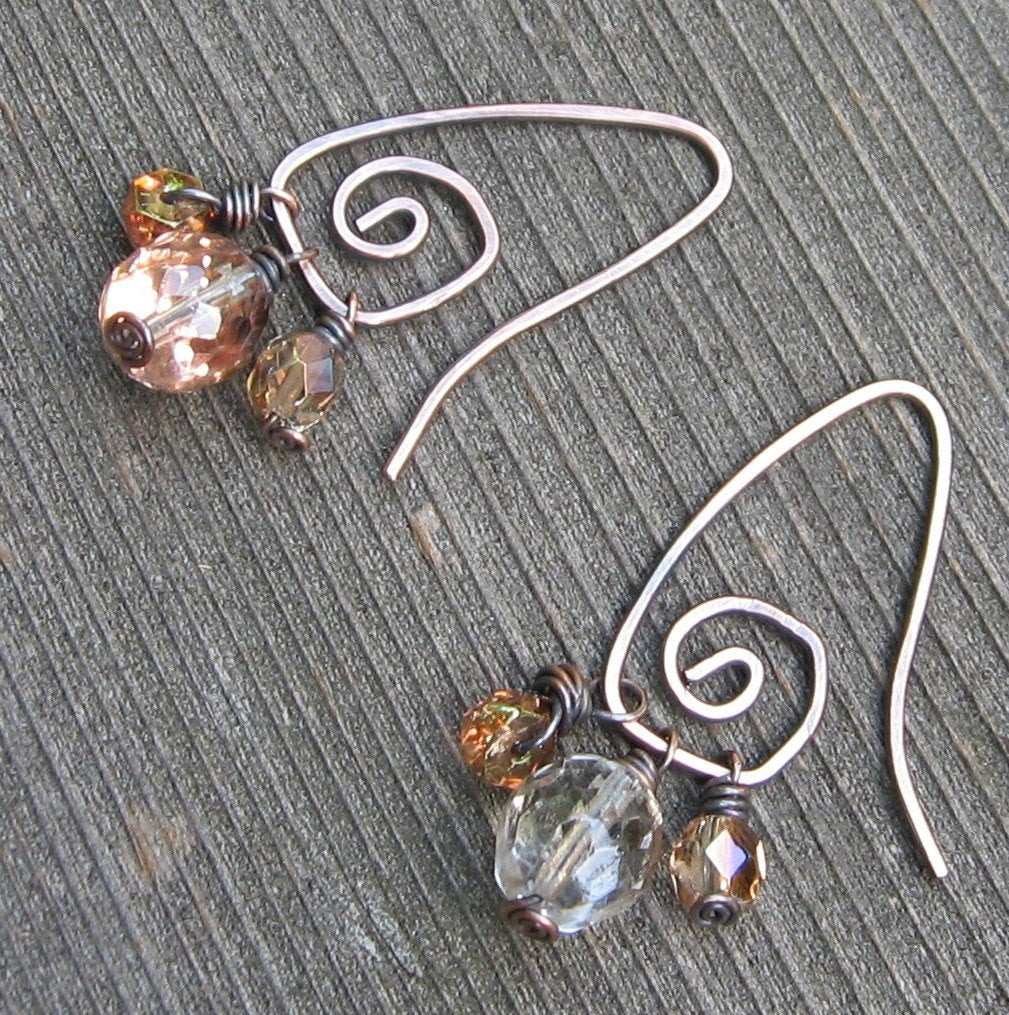 18 Gauge Earrings
 Oxidized 18 Gauge Copper Dangle Earrings with Faceted Glass
