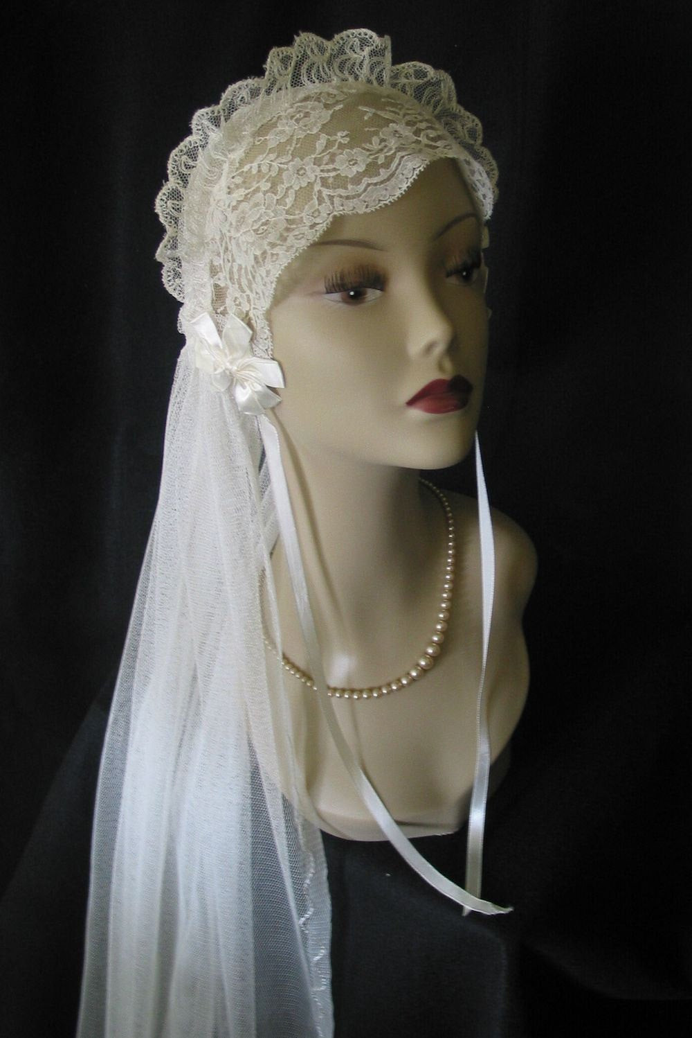1920s Wedding Veil
 Vintage 1920 s Lace Wedding Veil Ivory Satin Ribbon