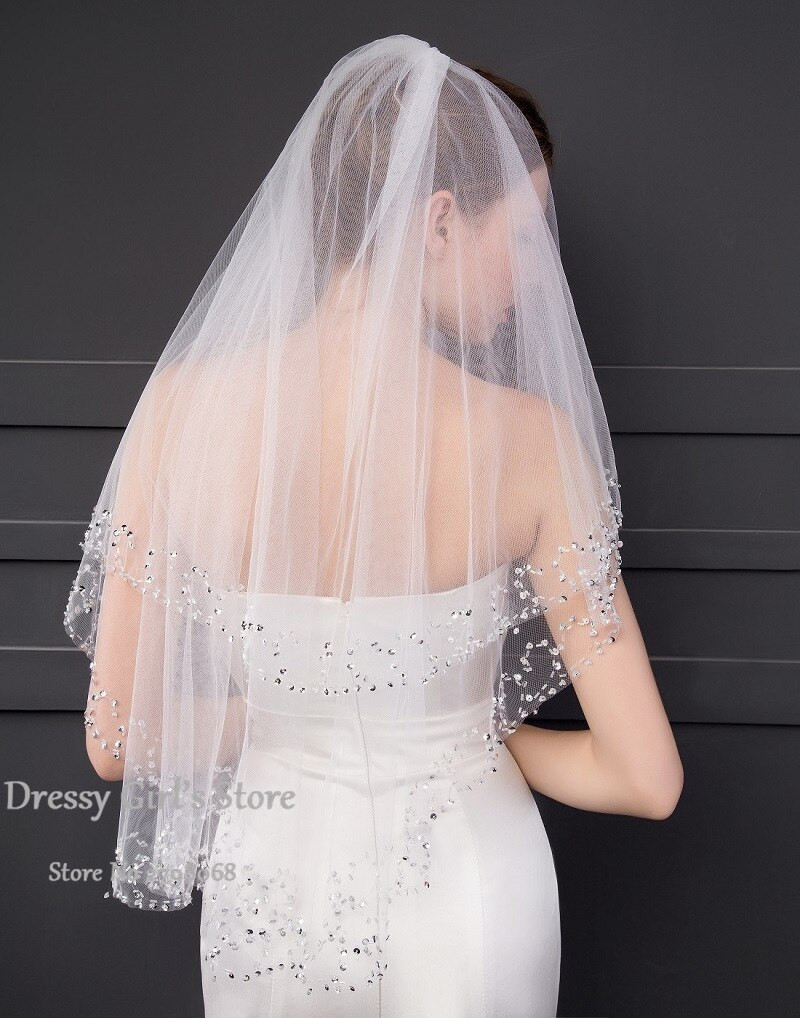 2 Tier Wedding Veil With Crystals
 In Stock Wedding Accessory 2 Tier Wedding Veil White Ivory