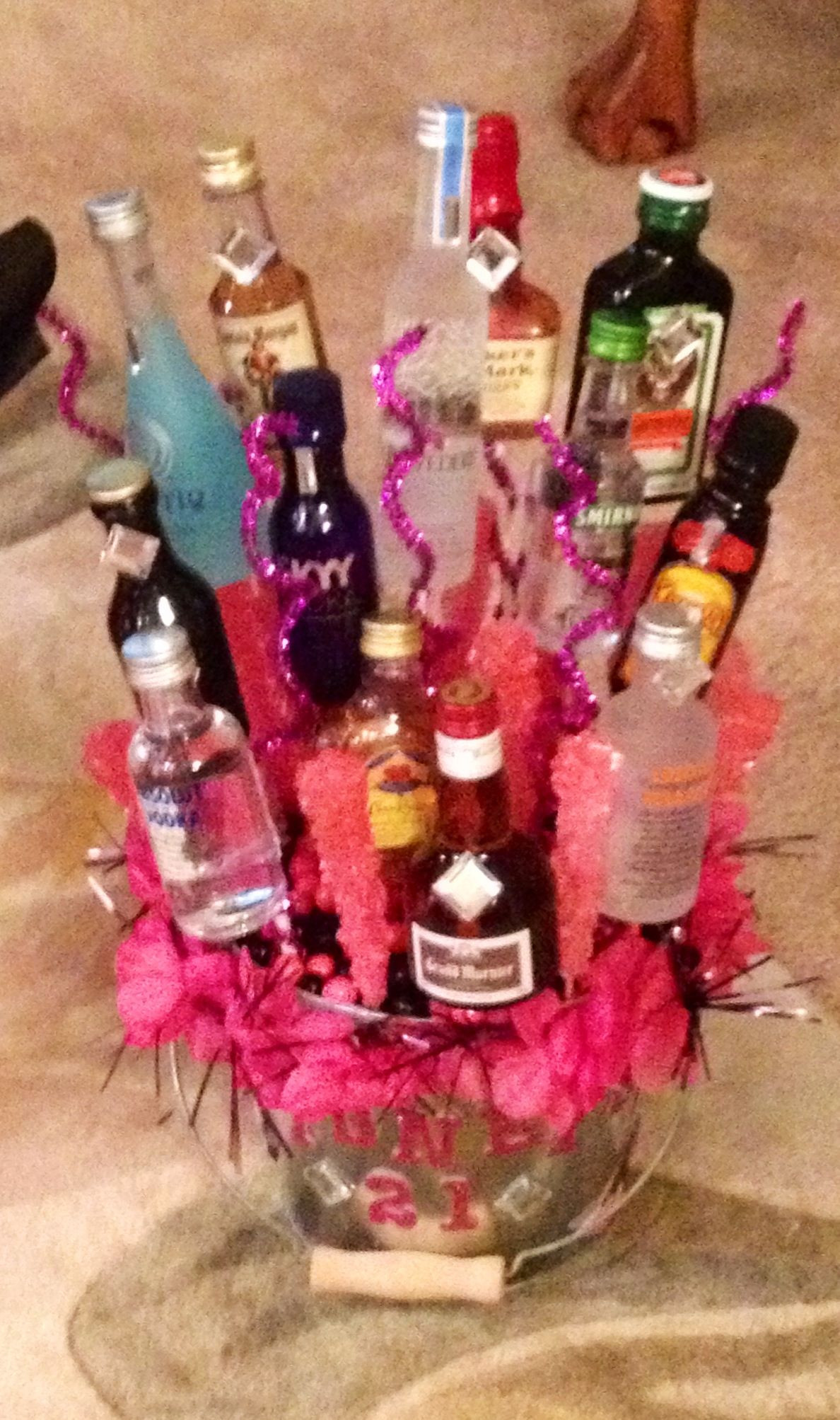 21St Birthday Gift Basket Ideas
 Made an edible alcohol basket for my dear friend for her