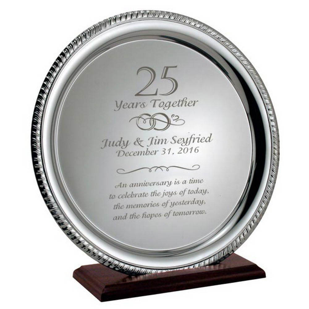 25 Year Anniversary Gift Ideas
 Silver 25th Anniversary Personalized Plate on Wood Base