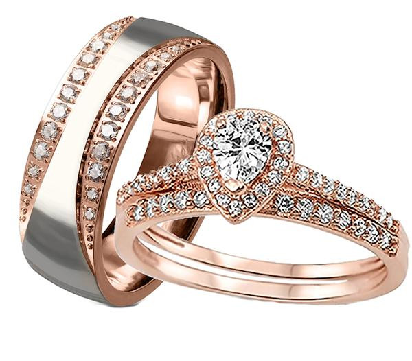 3 Piece Wedding Ring Sets For Him And Her
 His her Wedding Ring Set 3 Piece Rose Gold Halo Diamond Cz