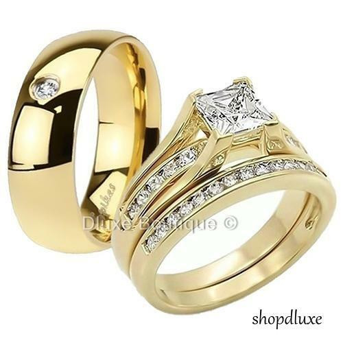 3 Piece Wedding Ring Sets For Him And Her
 HIS HERS 3 PIECE MEN S WOMEN S 14K GOLD PLATED WEDDING
