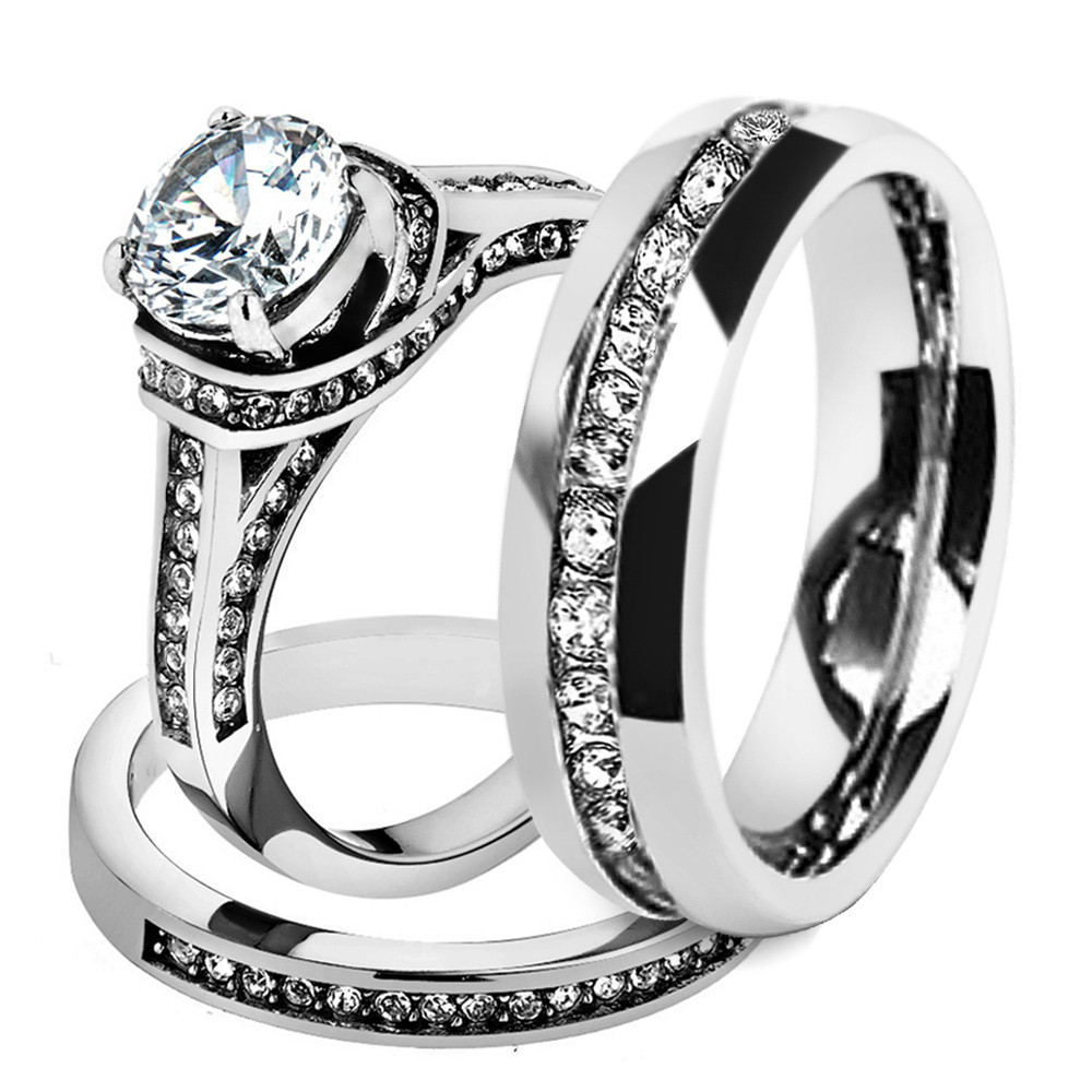 3 Piece Wedding Ring Sets For Him And Her
 His & Hers Stainless Steel 3 Piece Cz Wedding Ring Set and